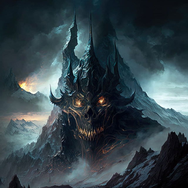 Demonic mountain fortress with fiery eyes, rendered in dark blue-black tones and smoky light, Midjourney V4