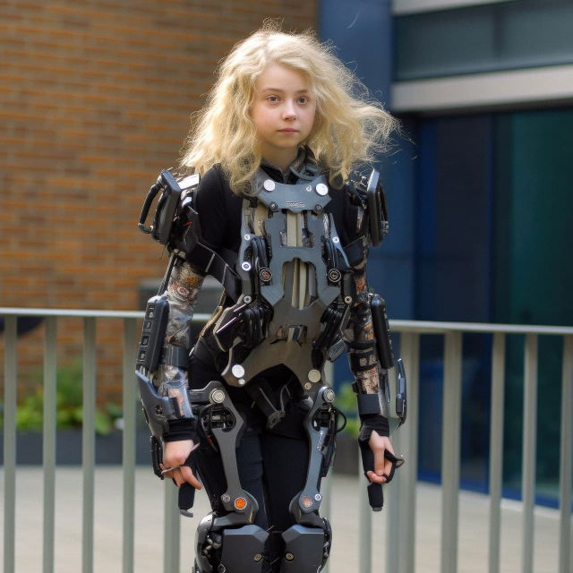 Blonde schoolgirl in a bulky mechanical exoskeleton, photorealistic with soft daylight, Midjourney V5