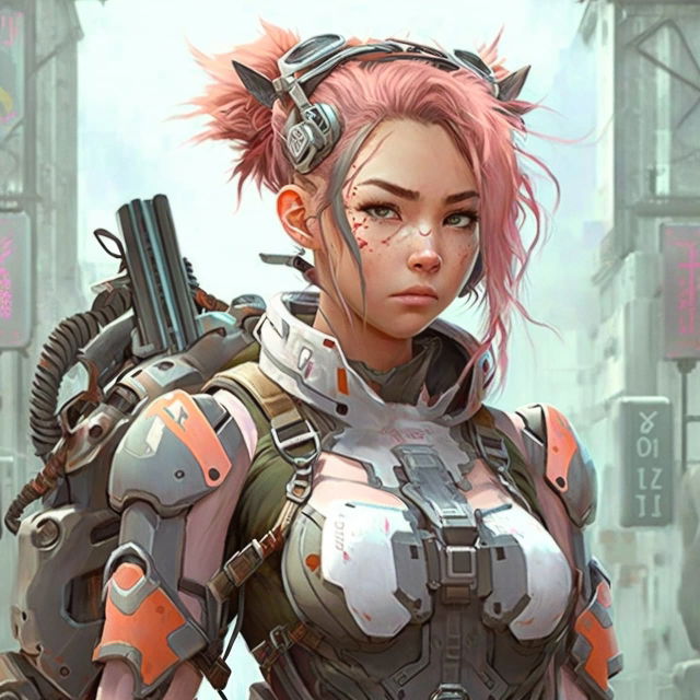 Pink-haired schoolgirl fighter in a detailed exoskeleton, softly lit in pale pastel tones, Midjourney V4