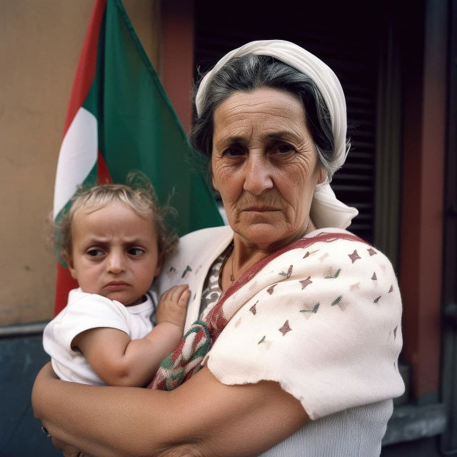 Italian mother holding a child, photorealistic portrait with natural light and muted colors, Midjourney V5
