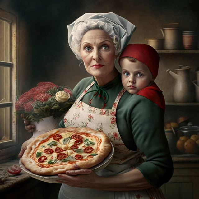 Italian mother and child holding a pizza, photorealistic with warm rustic kitchen light, Midjourney V4