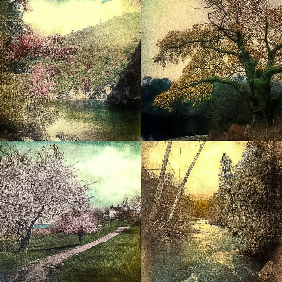 Four idyllic landscapes with lakes, trees, and paths in hand-colored vintage photographs, Midjourney V4