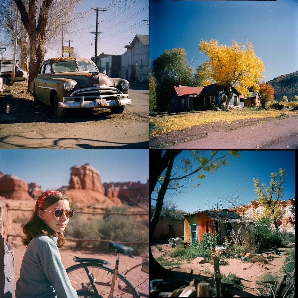 Vintage car, rural house, woman with bicycle, and desert shack in Kodachrome photography, Midjourney V5