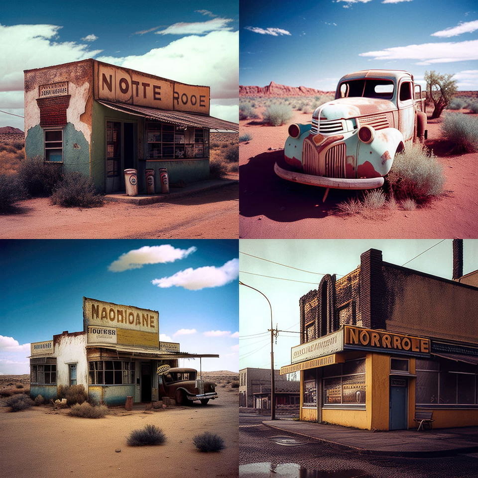 Desert roadside stores and vintage trucks in saturated Kodachrome-style photographs, Midjourney V4