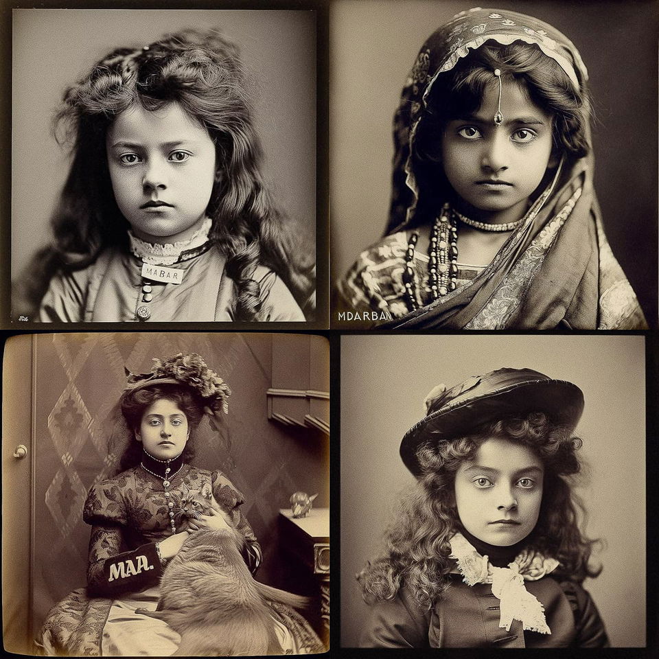 Four solemn girls' portraits in sepia-toned, highly detailed vintage photography, Midjourney V5