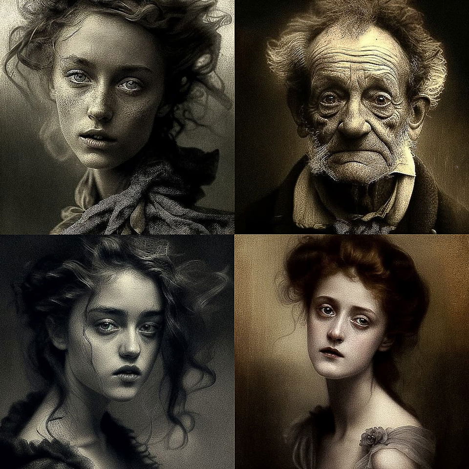 Four expressive vintage-style portraits in sepia monochrome with soft, dramatic studio lighting, Midjourney V4