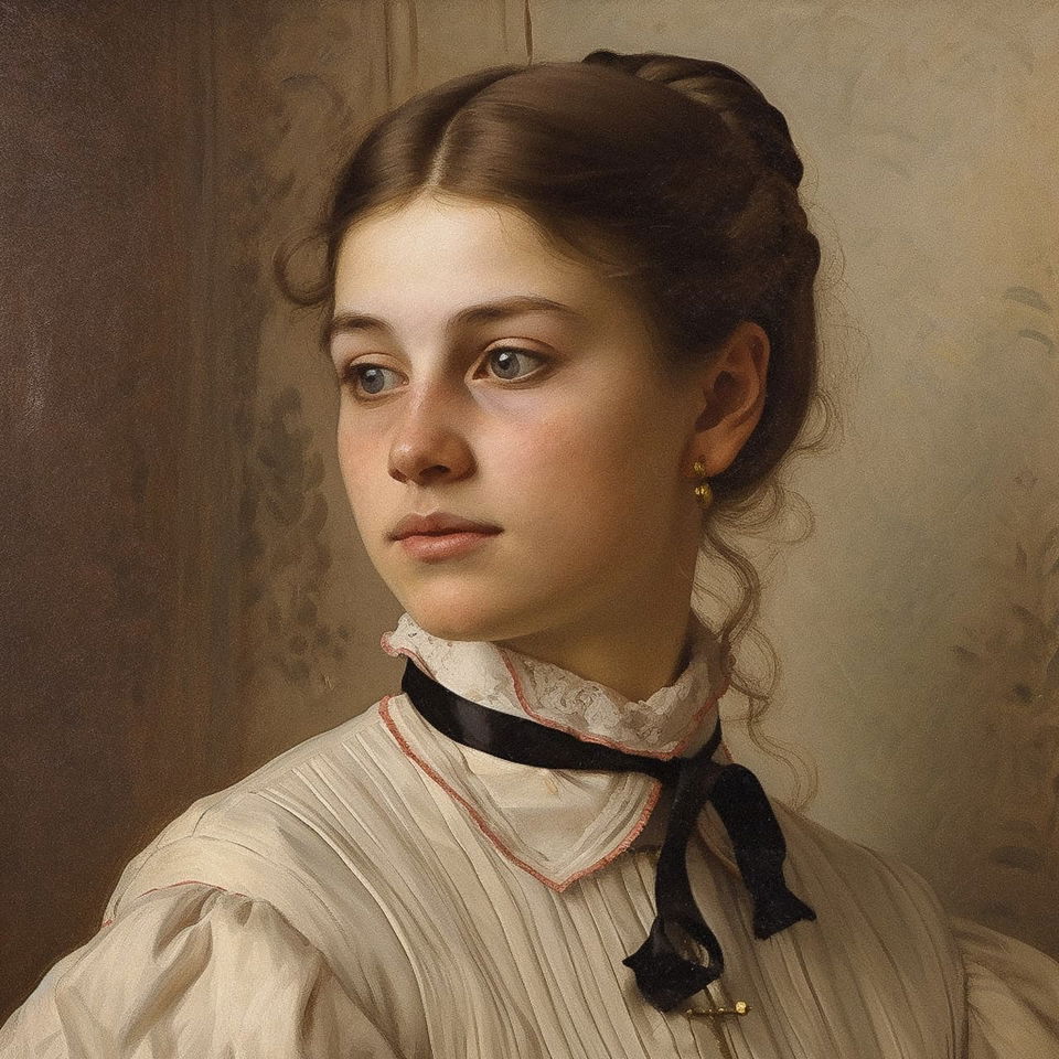 Young woman in a softly lit, warm brown-toned classical oil portrait, Midjourney V5