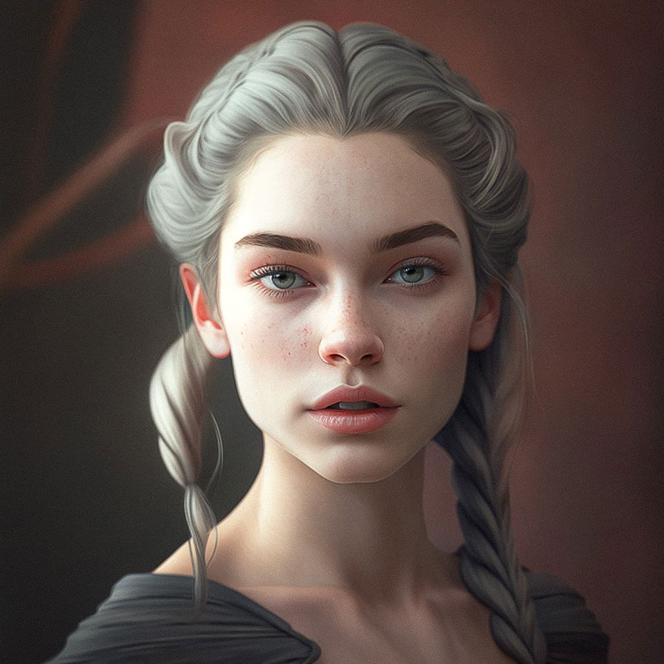 Young woman with braided silver hair, a softly lit realistic digital portrait in muted tones, Midjourney V4