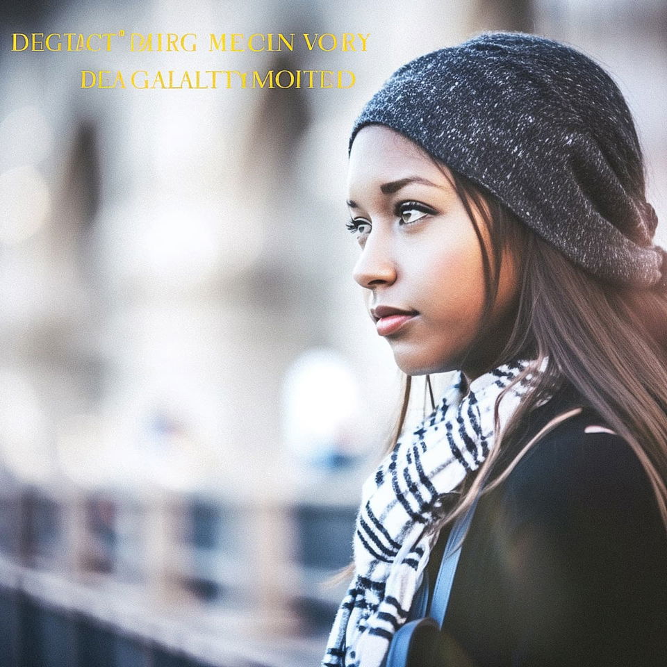 Young woman in a knit hat and scarf, softly lit realistic portrait in muted winter colors, Midjourney V5