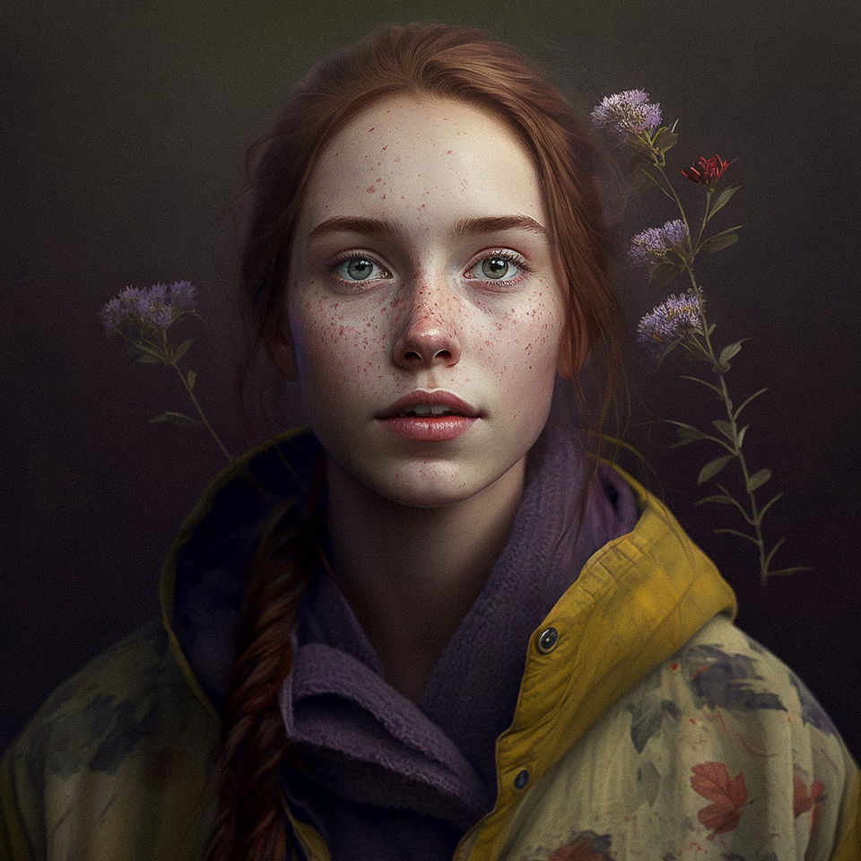 Young woman with freckles and flowers, rendered in a softly lit realistic portrait with muted colors, Midjourney V4