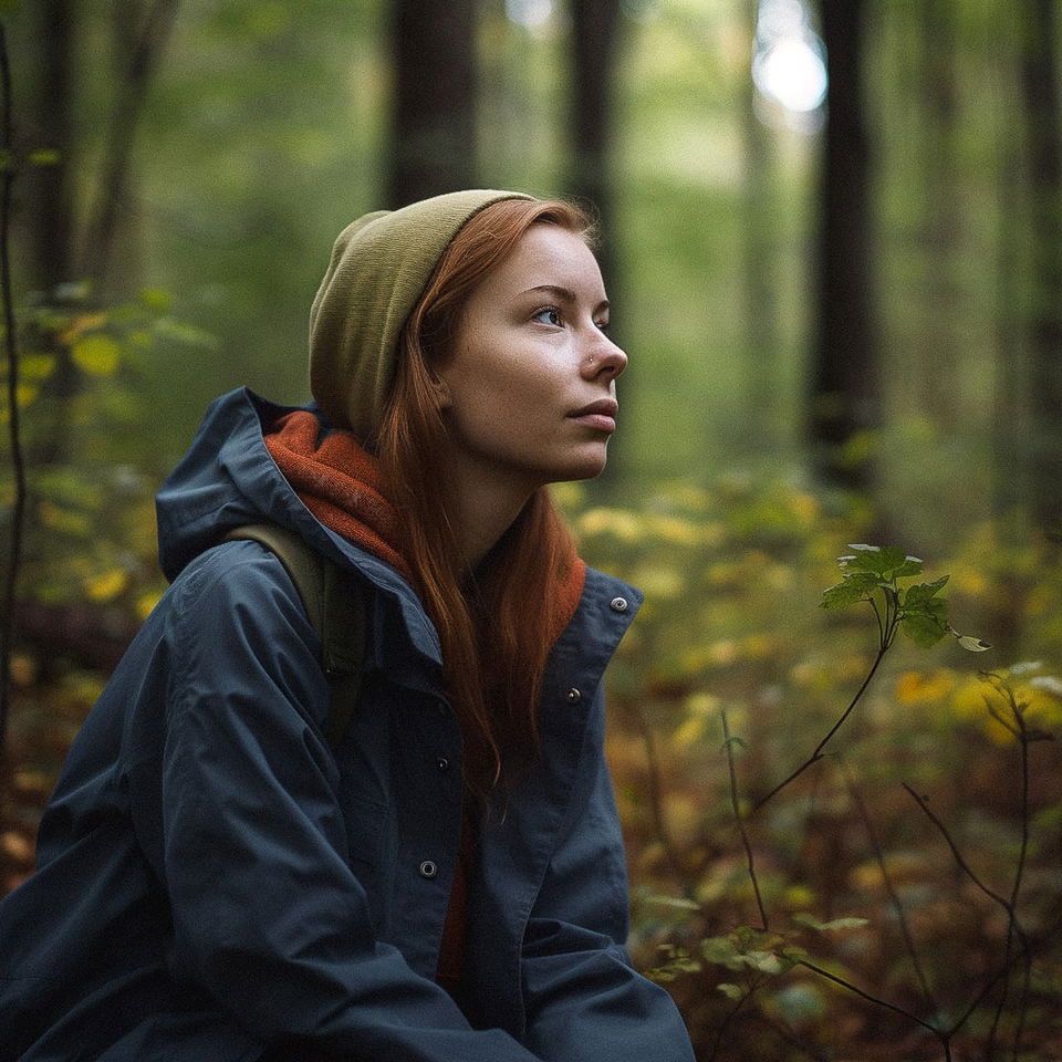 Young woman in a forest, softly lit naturalistic portrait with muted green and blue tones, Midjourney V5