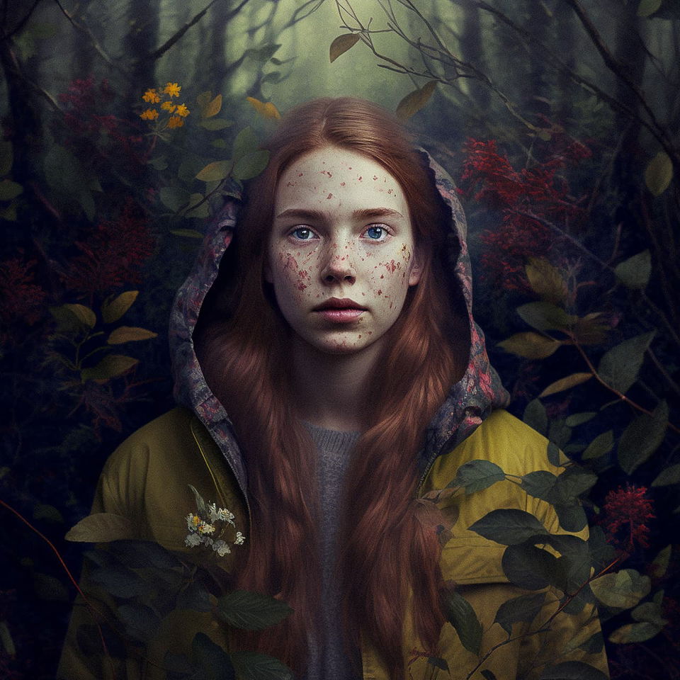 Dedicated young woman in a shadowy forest, realistic portrait with muted green tones and soft light, Midjourney V4