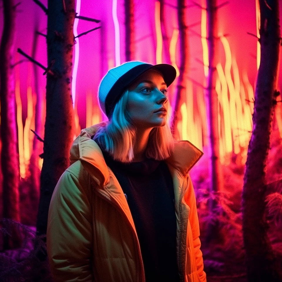 Young woman in a neon forest, cinematic portrait with vivid magenta, cyan and orange lighting, Midjourney V5