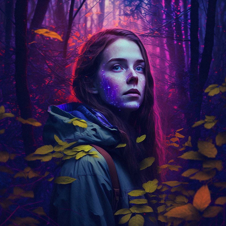 Young woman in a neon forest, digital portrait with vivid purple and blue light, Midjourney V4