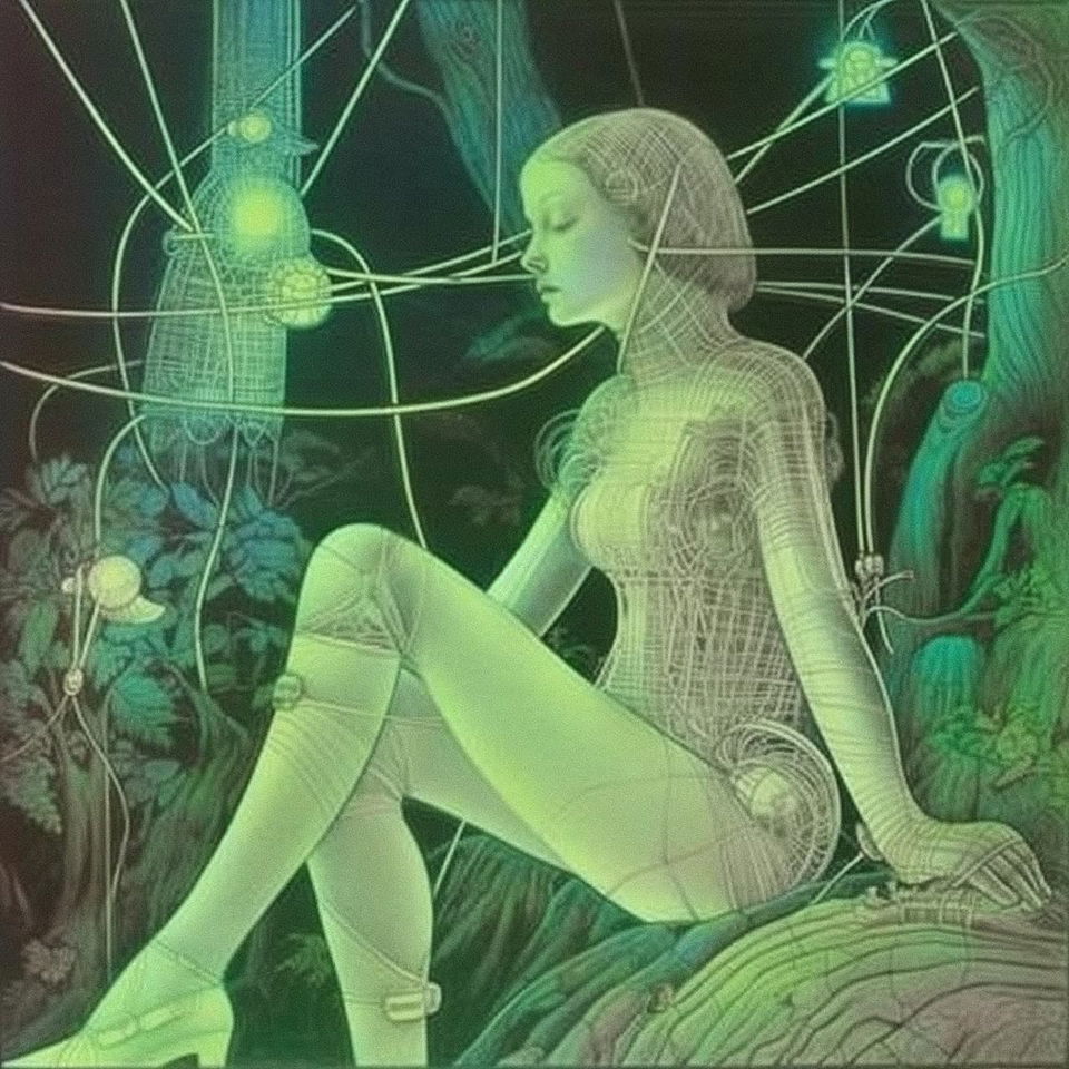 Young woman in a neon forest, Renaissance-inspired green art, in the style of Hans Bellmer, Midjourney V5