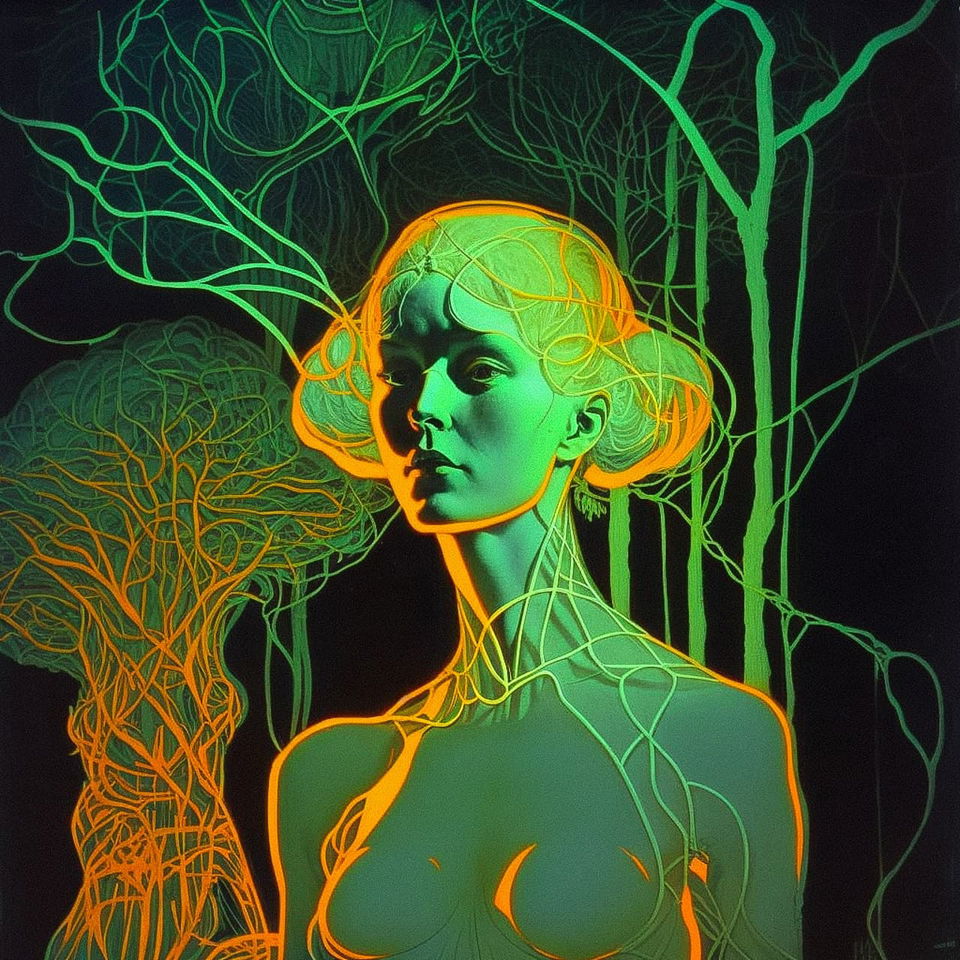 Young woman in a neon forest, green and orange Renaissance portrait, in the style of Hans Bellmer, Midjourney V4
