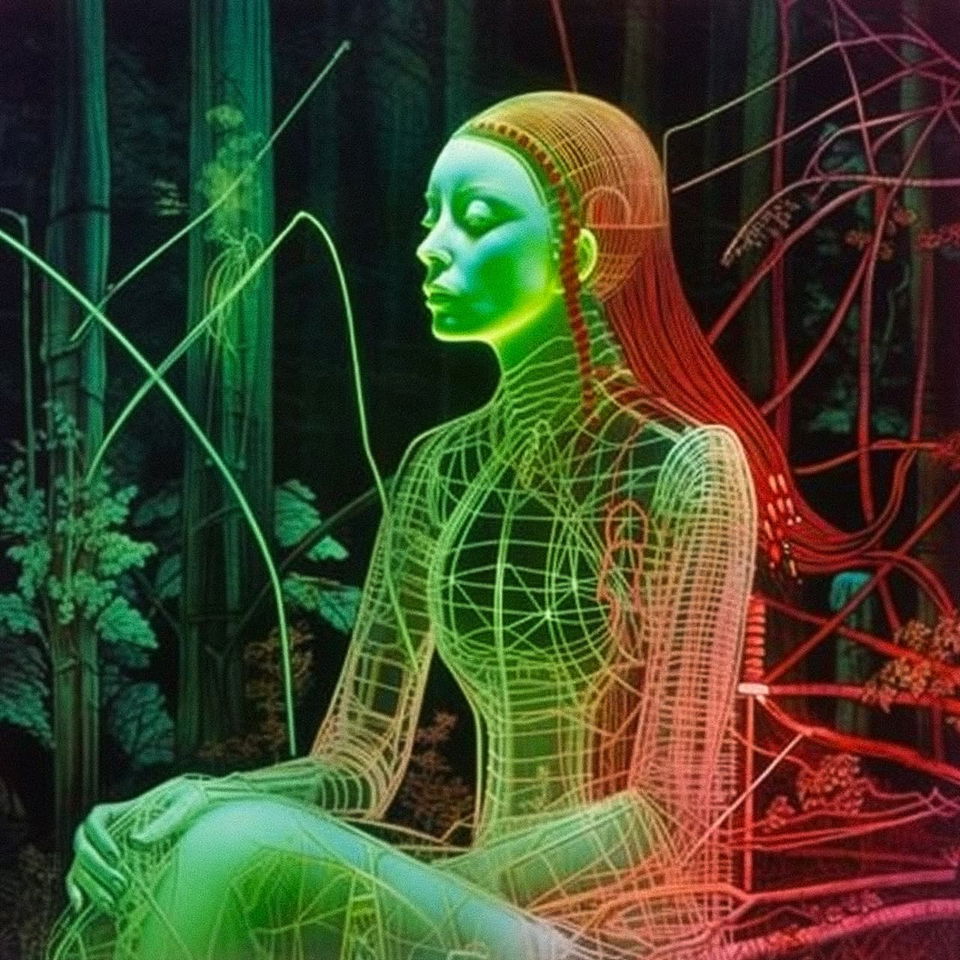 Young woman in a neon forest, wireframe art in vivid green and red light, Midjourney V5