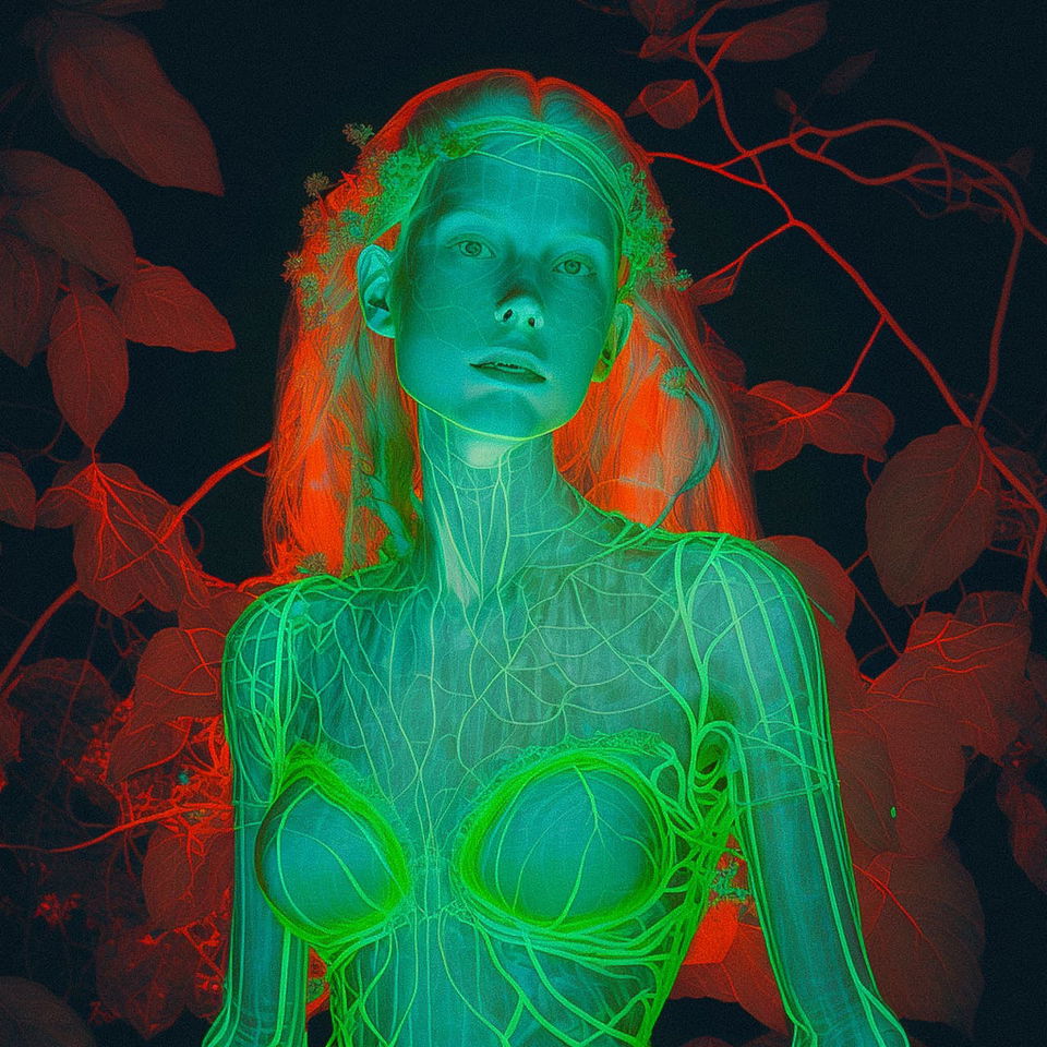 Young woman in a neon forest, Renaissance portrait in glowing green and red light, Midjourney V4