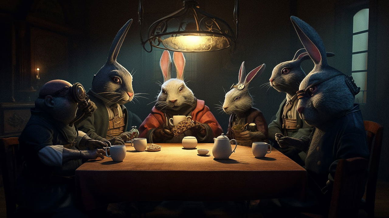Anthropomorphic rabbits at a tea ceremony, in dark cinematic anime realism with warm lighting, Midjourney V5