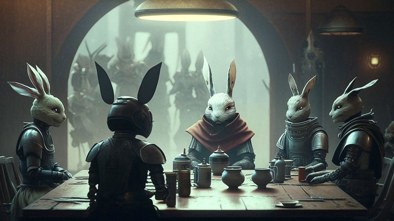 Anthropomorphic rabbits at tea in dark sci-fi armor, anime realism and muted green light, Midjourney V5