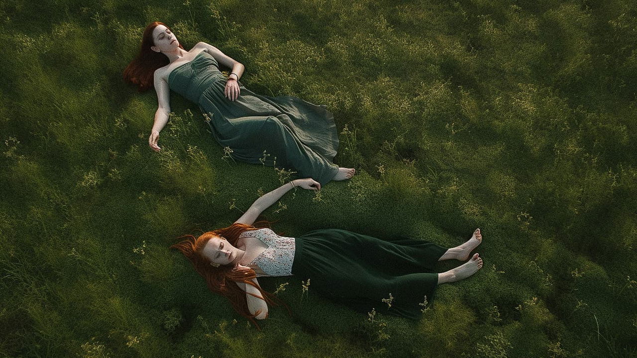 Two women lying barefoot in lush grass, Midjourney V5