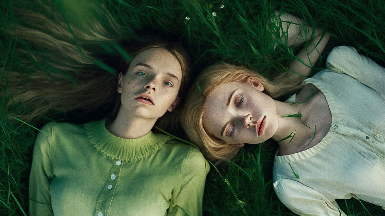 Two girls lying in lush grass, cinematic realism with muted green tones and soft natural light, Midjourney V4