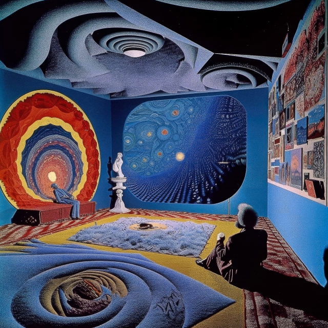 Surreal art gallery scene in the style of Max Ernst and Kazumasa Nagai, vivid blue and red, Midjourney V5