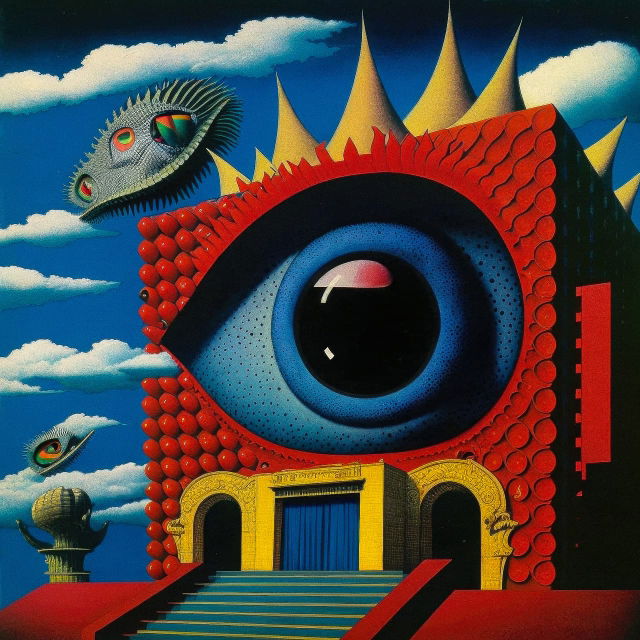 Surreal eye-shaped building with flying creatures, in the style of Max Ernst and Kazumasa Nagai, Midjourney V4