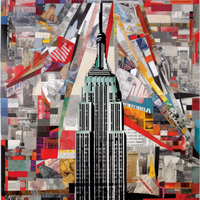 Empire State Building in a red, black and white advertising collage, with graphic cut-paper textures, Midjourney V5