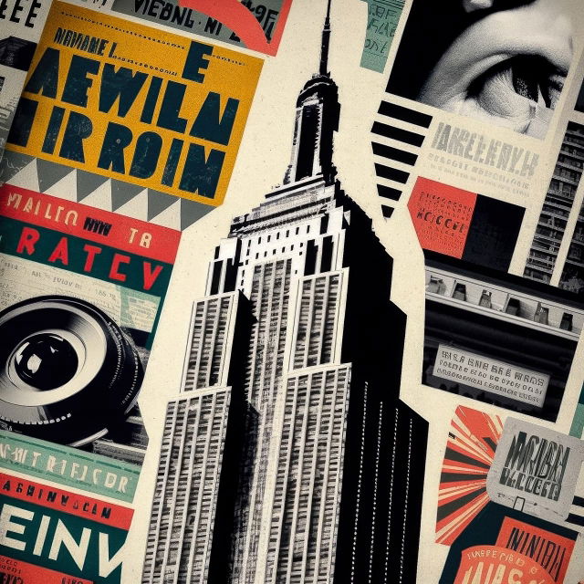 Empire State Building in a bold vintage collage with black-and-white photos and red, teal, Midjourney V4