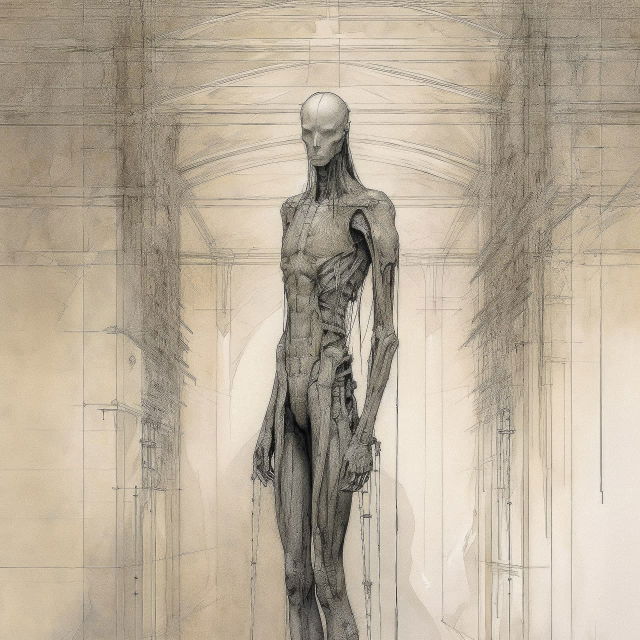 Minimalist Gothic robot sculpture in Alan Lee's style, muted pencil tones and soft light, Midjourney V5