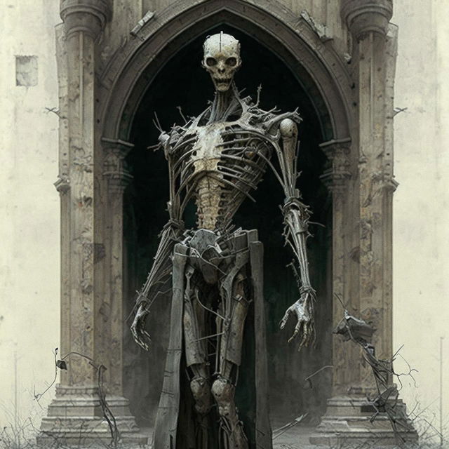 Gothic robot skeleton in a cathedral arch, in the style of Alan Lee, muted sepia illustration, Midjourney V4