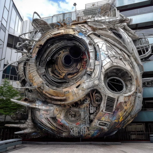 Mechanical megastructure covered in street art, intricate metallic sculpture in muted daylight tones, Midjourney V5