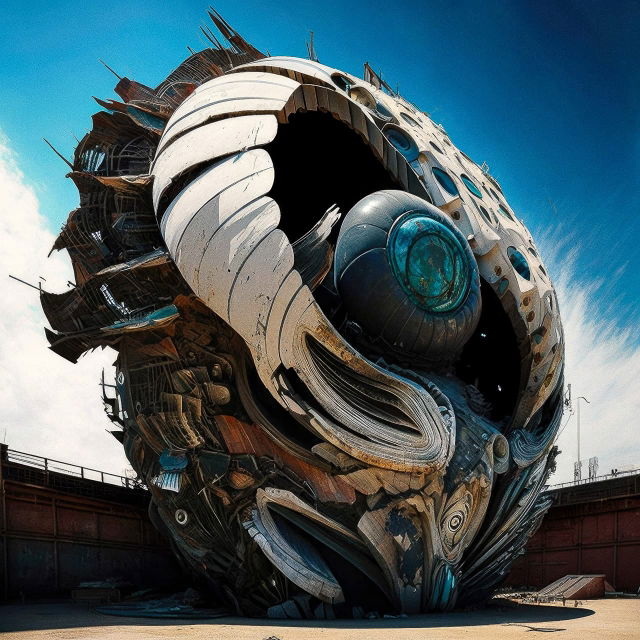 Megastructure in Mecha style, covered in street art, with sculptural metal forms and blue light, Midjourney V4