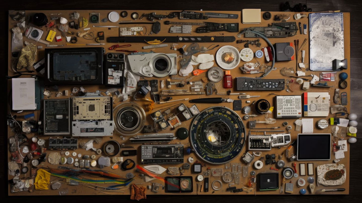 Futuristic survivalist kit arranged in a detailed knolling layout, photographed with warm light, Midjourney V5