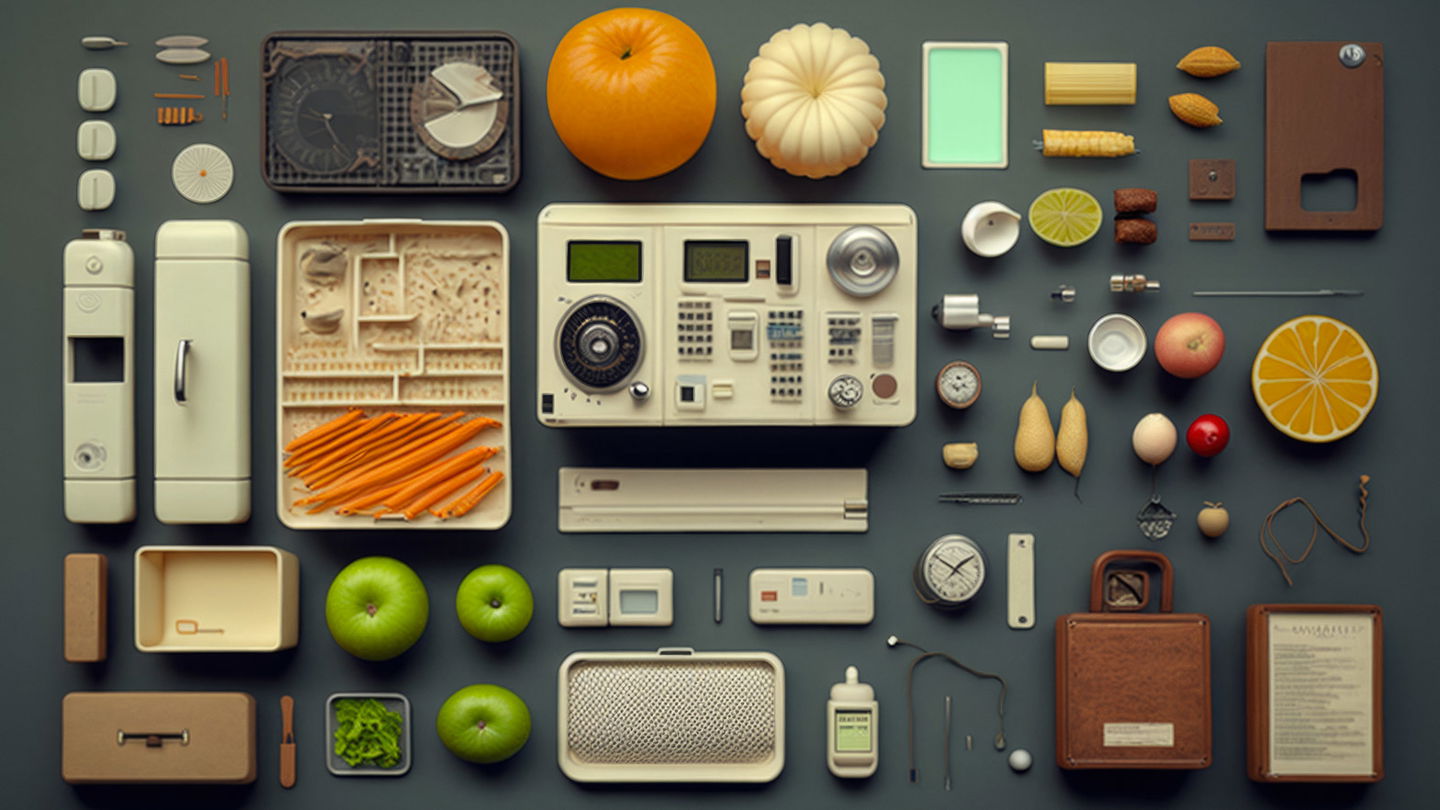 Futuristic survival kit arranged in a detailed knolling layout with muted colors and soft light, Midjourney V4
