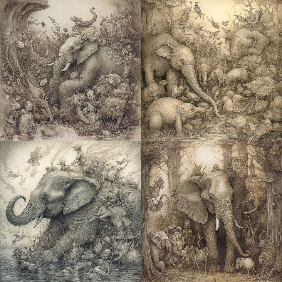 Four scenes of elephants and animals in intricate sepia pencil-and-ink woodland illustrations, Midjourney V5