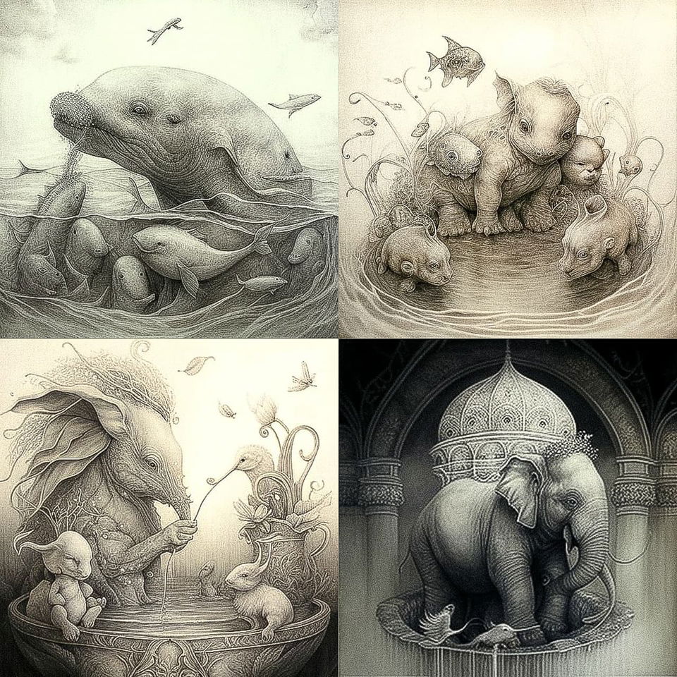 Animals in whimsical detailed graphite drawings with soft monochrome shading, Midjourney V4