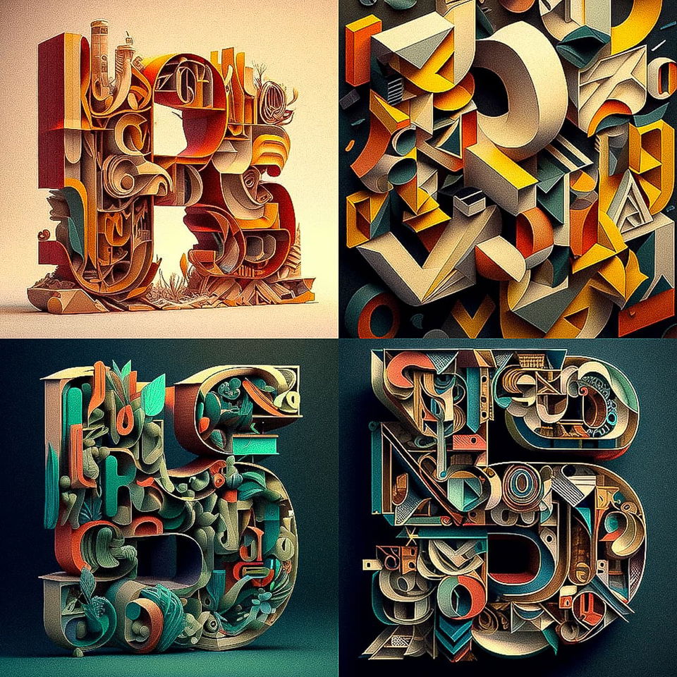 Four ornate letter compositions with sculptural forms, geometric details, and warm jewel tones, Midjourney V4