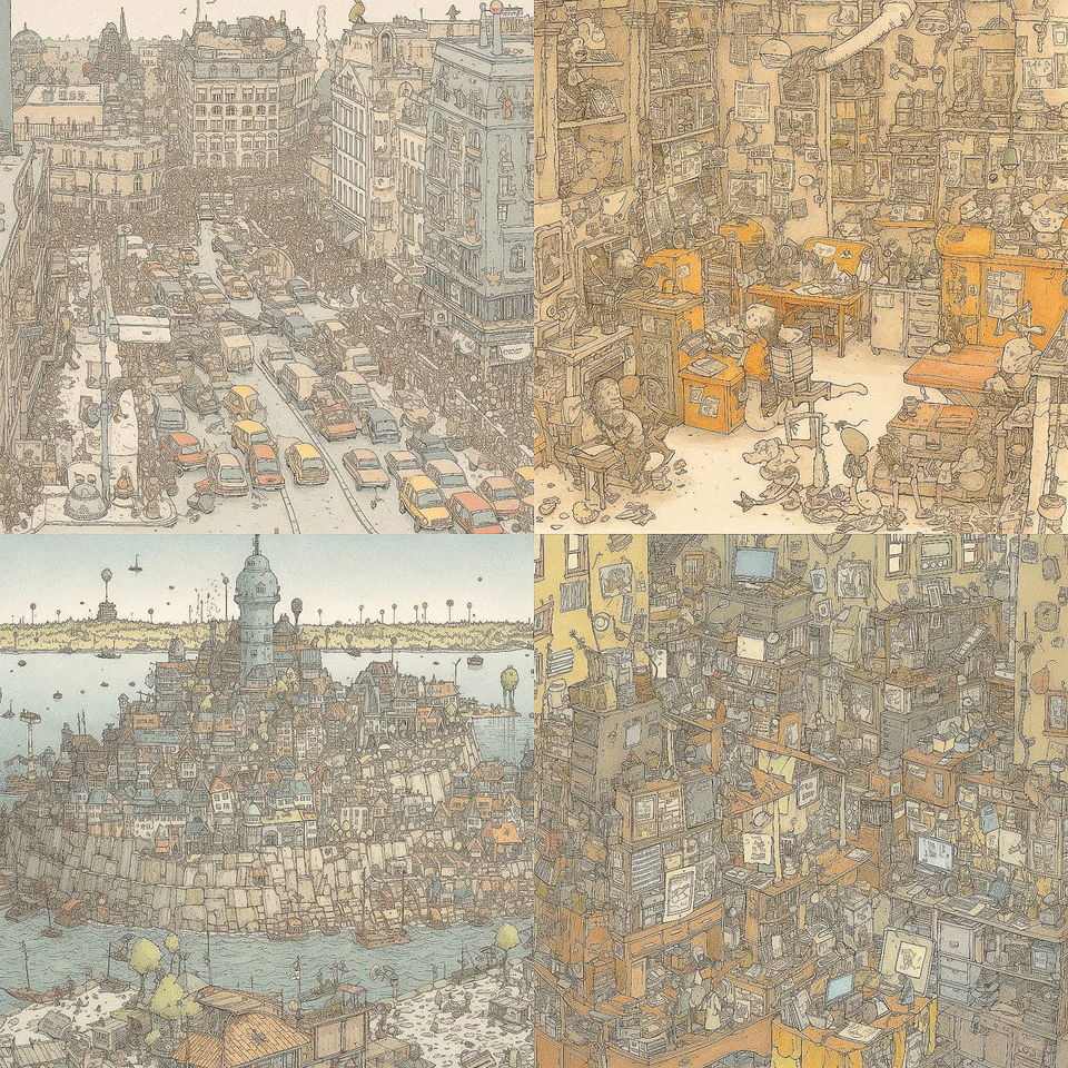 Four intricate city scenes with traffic, workshops, waterfront buildings, and warm muted linework, Midjourney V5