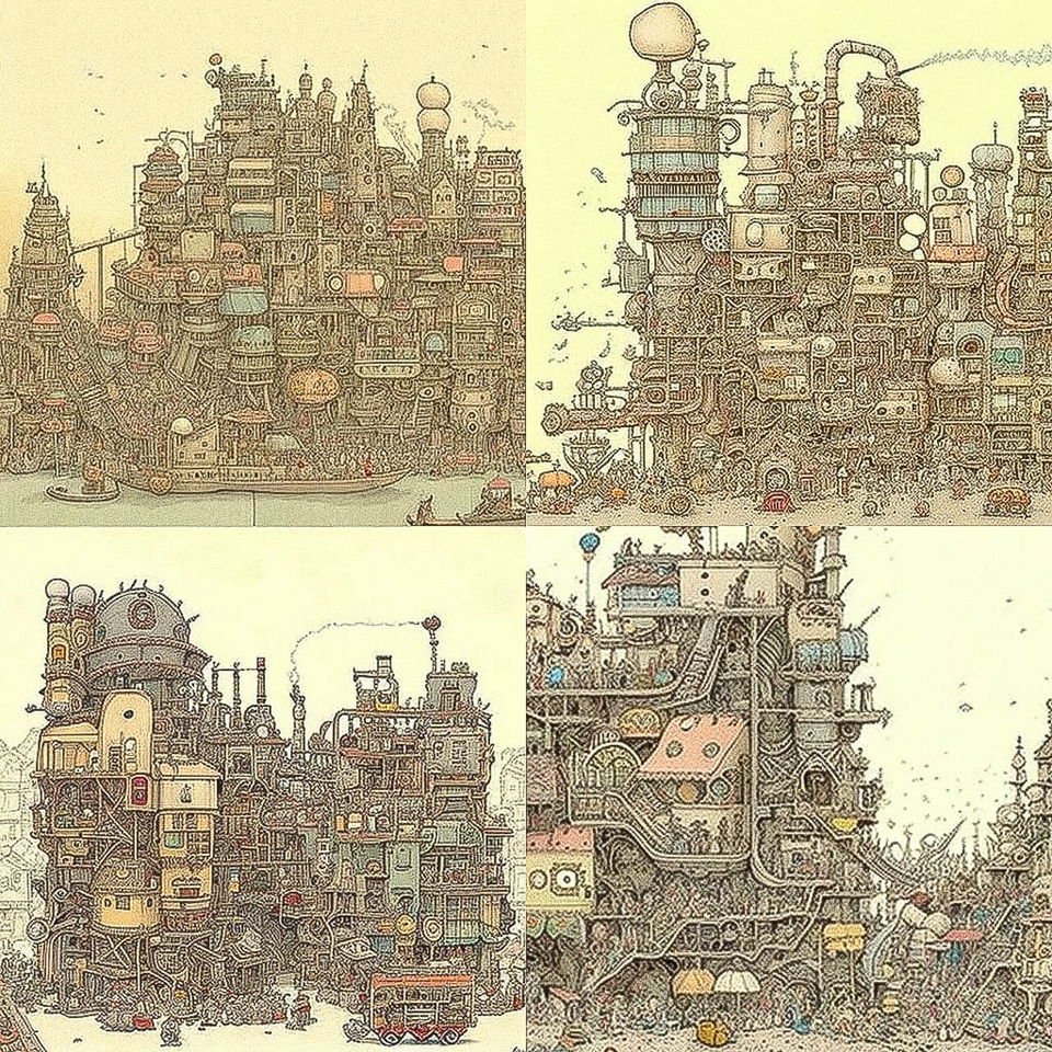Four dense whimsical mechanical cities in intricate ink linework with muted pastel accents, Midjourney V4