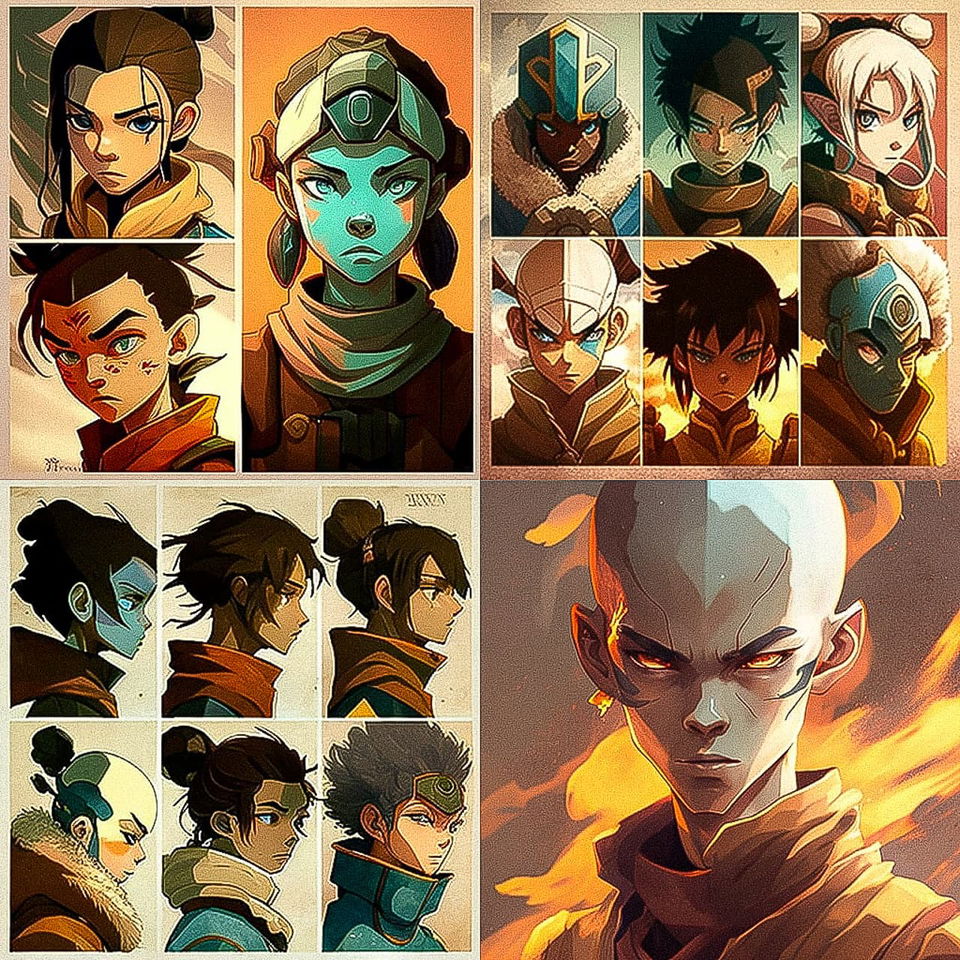 Avatar: The Last Airbender characters in anime portraits with warm earthy colors and dramatic light, Midjourney V4