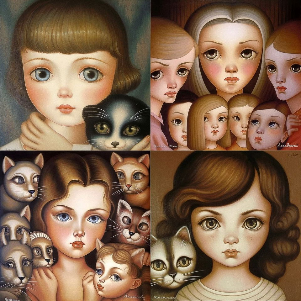 Large-eyed girls with cats, softly lit in warm pastel oil-painting style, Midjourney V5