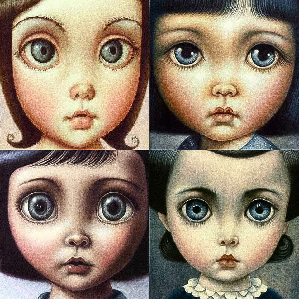 Four wide-eyed child portraits in the style of Margaret Keane, soft textures and muted warm tones, Midjourney V4