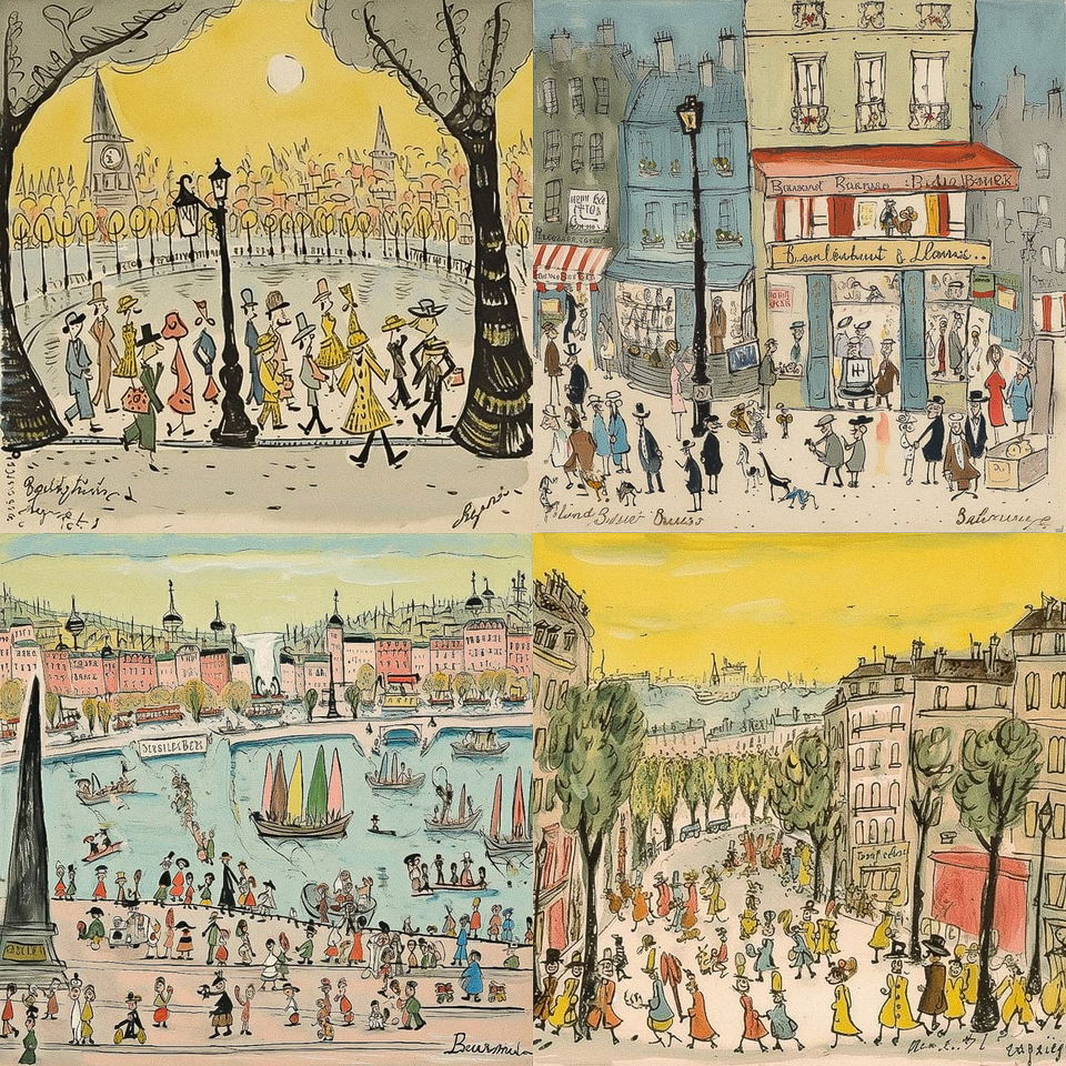 Four Paris street scenes in colorful ink and watercolor, warm yellow light, loose lines, Midjourney V5