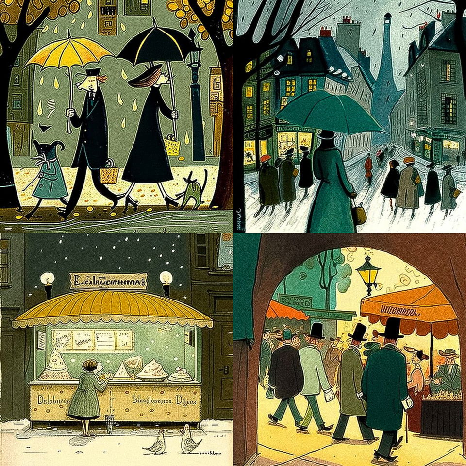 Rainy city scenes with umbrellas and street stalls, in the style of Ludwig Bemelmans, Midjourney V4