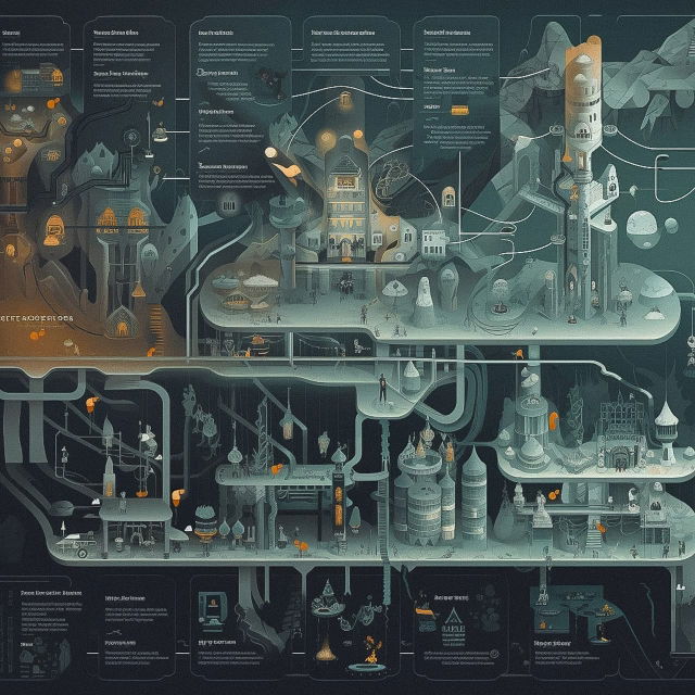 Underworld layout infographic with intricate diagrams, teal-gray palette, and glowing orange accents, Midjourney V5