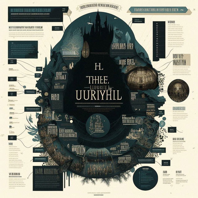 Infographic map of an underworld layout with gothic typography, dark teal palette, cream background, Midjourney V4