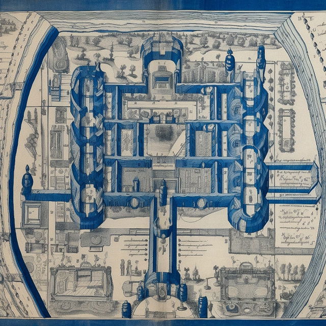 Underworld layout in an 18th-century blueprint style, intricate blue-and-gray technical drawing, Midjourney V5