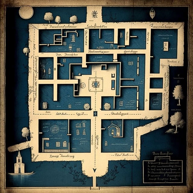 Underworld layout blueprint in an aged 1700s cartographic style, dark teal and parchment palette, Midjourney V4